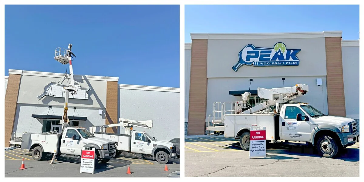 A collage of the before and after installation of the exterior Peak building signage.